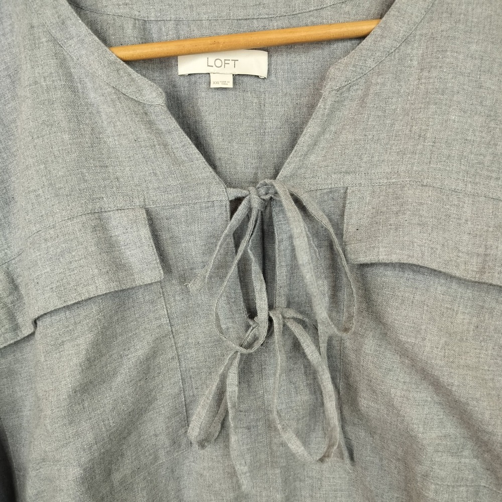 LOFT Blouse XXL Tie Front Balloon Sleeve Utility Casual Gray Cotton - Picture 6 of 11